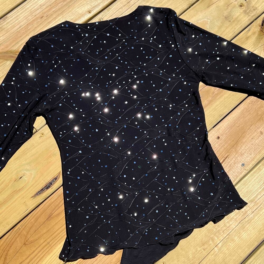 Susan Lawrence Y2K Asymmetrical Babydoll Top M Black Silver Sequins Faux Wrap - Picture 4 of 5